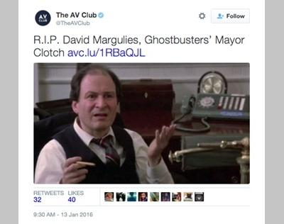 『ゴーストバスターズ』市長役のデヴィッド・マーギュリーズが死去