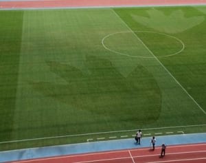 ゴジラ足跡“出現”　等々力競技場であすまで公開