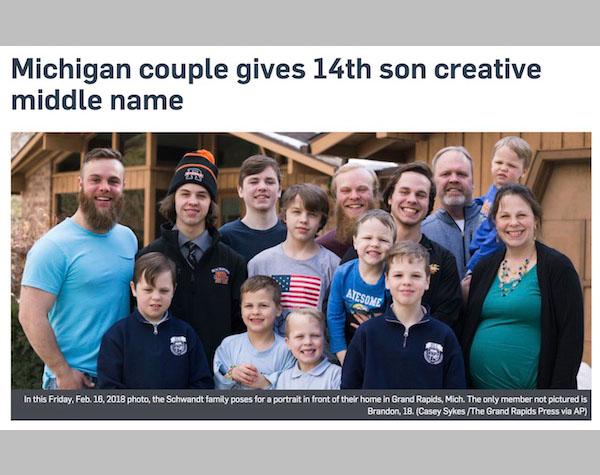 ミシガン州の大家族に14人目の息子誕生——1/16384の確率
