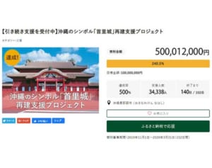 首里城再建の寄付が5億円突破　開始から12日で　那覇市のクラファン