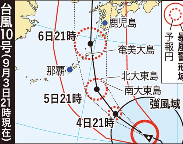 台風10号　大東島あす暴風警戒　最大瞬間風速80メートル予想　沖縄本島は6日最接近か