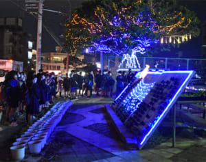 イルミネーションで生徒を笑顔に　浦添中学PTAが企画、正門前を点灯